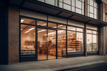 Contemporary grocery store exterior with large window display showcasing fresh produce, inviting customers to explore the clean, modern interior. Generative AIの素材