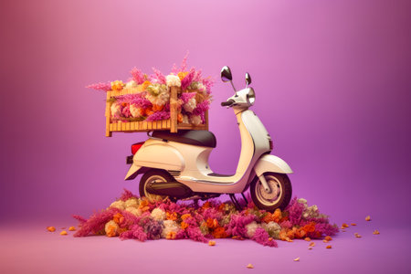 Colorful Electric Delivery Scooter Covered in Fresh Flowers, Side View, on Solid Color Studio Background for Eco-Friendly Transportation Concept - Generative AIの素材