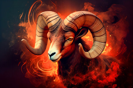 Fiery Ram with Curved Horns on Celestial Background, Representing Strength, Passion, and Ambition in Astrology - Generative AIの素材