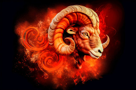 Fiery Ram with Curved Horns on Celestial Background, Representing Strength, Passion, and Ambition in Astrology - Generative AIの素材