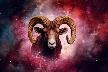 Aries zodiac sign symbol featuring the ram's head against a celestial background, ideal for astrology-related content and horoscopes. Generative AIの素材