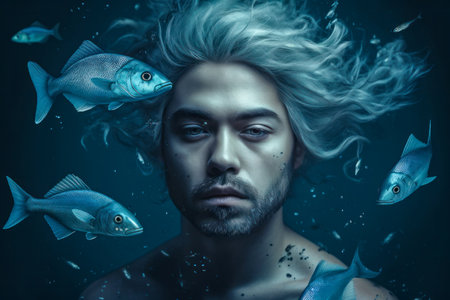 Pisces zodiac sign man in whimsical clothing, showcasing his sensitive and imaginative personality with a dreamy gaze, perfect for astrology and fashion concepts.- Generative AIの素材