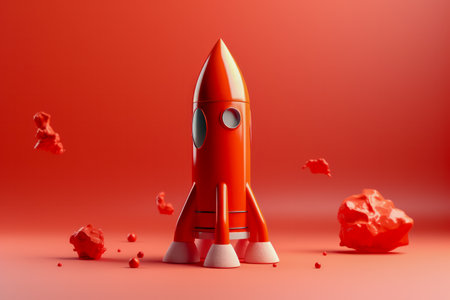 Vintage Toy Rocket on Red Studio Background Symbolizing Startups, Success, Business Growth, and Financial Aspirations, Perfect for Banking and Investment Concepts. Generative AIの素材