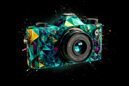 Vintage Blue Camera on Dark Background with Colorful Confetti, Perfect for Holiday, Celebration, and Capturing Memories - Generative AIの素材