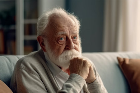 Sad elderly man depressed, feeling lost, lonely at home. Mental Alzheimer disease, memory loss, sitting on sofa at home looking into vacancy with bad thoughts, thinking on problemsの素材
