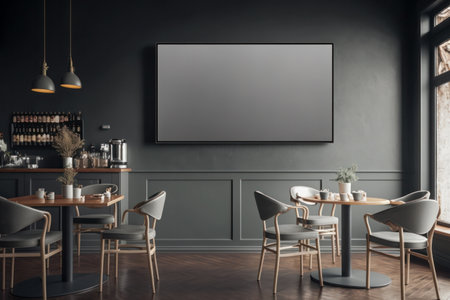 A large blank TV screen mounted on a wall in a coffee shop., cafe. Bright modern interior. A large plasma TV in a restaurantの素材