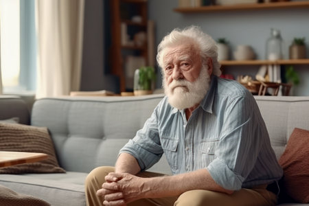 Sad elderly man depressed, feeling lost, lonely at home. Mental Alzheimer disease, memory loss, sitting on sofa at home looking into vacancy with bad thoughts, thinking on problemsの素材
