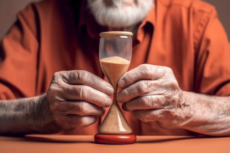Close-up of an elderly mans hands holding an hourglass with sand almost run out, symbolizing the passage of time, aging, and memory loss related to Alzheimers and dementia, Generative AIの素材