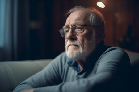 Sad elderly man depressed, feeling lost, lonely at home. Mental Alzheimer disease, memory loss, sitting on sofa at home looking into vacancy with bad thoughts, thinking on problemsの素材