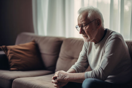 Sad elderly man depressed, feeling lost, lonely at home. Mental Alzheimer disease, memory loss, sitting on sofa at home looking into vacancy with bad thoughts, thinking on problemsの素材
