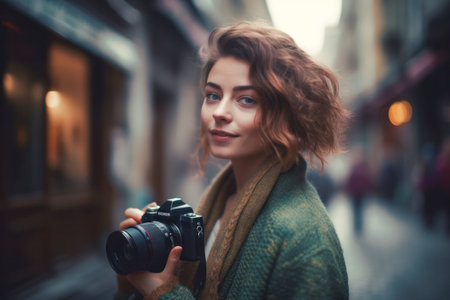 Young female photographer holding a camera on a charming European cobblestone street - Generative AI..の素材
