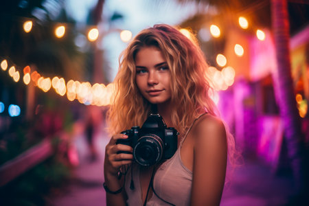 Attractive female photographer taking pictures with photo camera at a party with neon lights and palm trees, wearing a summer dress. Generative AI.の素材