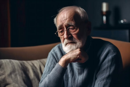 Sad elderly man depressed, feeling lost, lonely at home. Mental Alzheimer disease, memory loss, sitting on sofa at home looking into vacancy with bad thoughts, thinking on problemsの素材