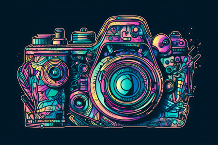 Digital camera illustrated in a vibrant, colorful, cartoon abstraction with neon art elements and a simplistic design - Perfect for creative projects - Generative AI..の素材