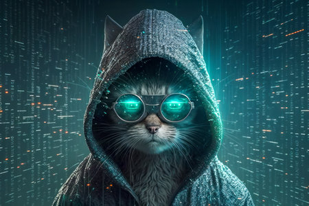 Cute Cat in Hoodie as Cybersecurity Hacker, Wearing VR Goggles in a Digital Cyberspace Environment, Representing Modern Technology and Online Safety, Generative AIの素材