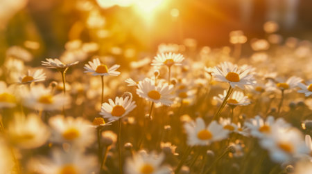 A chamomile flower blooming in a meadow, bathed in the light of the setting sun, creating a festive bokeh background. a depiction of the herb medical benefits.の素材