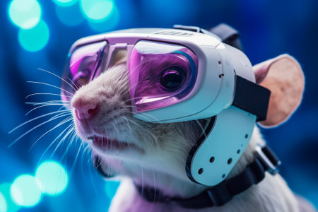 Adorable rat cyber crypto digital hacker coder in cyberspace wearing virtual reality AR gogglesの素材