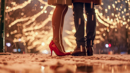 Close-up of a lady's shoes beside her boyfriend's footwear with a winter Christmas market illuminated by Xmas decorations and fairy lights in the background, capturing their romantic holiday outingの素材