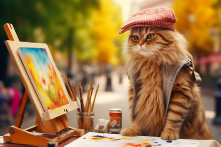 Funny cat painter artist paints a picture in the plain air, the street of the old city in the background. Ready to participate in an art exhibition, painting classesの素材