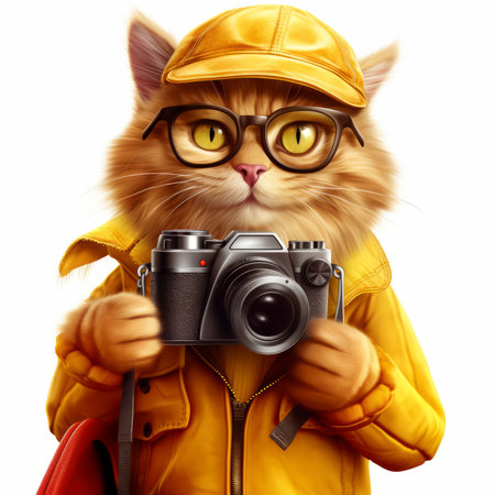 Cat hipster photographer, with a vintage camera, ready to take photos and take photography classes. Isolated on white background.の素材