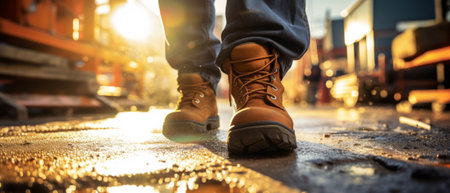 Close-up of dirty construction worker's boots with ground and construction site in the background.の素材
