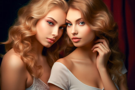 Two beautiful excited women gossip, secret, smile, surprised. Secretly recommend each other your, service, shop, salon.の素材