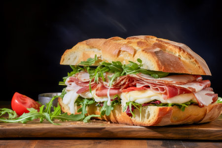 Italian Submarine Sandwich on rustic wood with cured meats, mozzarella, tomatoes, and basilの素材