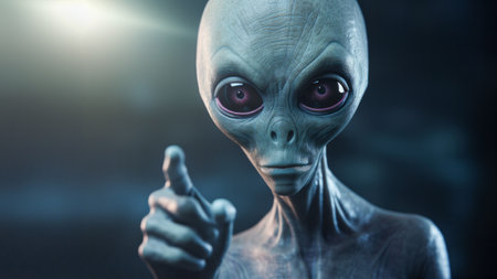 A gray alien pointing its finger, suggestive of UFO lore and Area 51 conspiracies.の素材