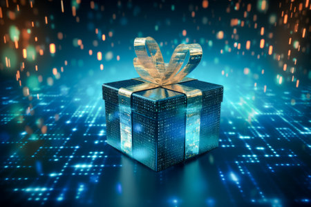 A digital gift box with a ribbon bow, suspended in luminous internet cyberspace.の素材
