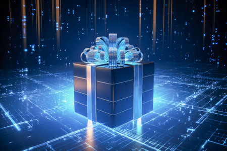 A digital gift box with a ribbon bow, suspended in luminous internet cyberspace.の素材