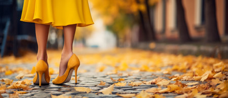 Elegant yellow leather shoes on a woman walking. Set against a charming European city street, with autumn leaves. Perfect for fashion and seasonal themes. 21:9 aspect ratioの素材