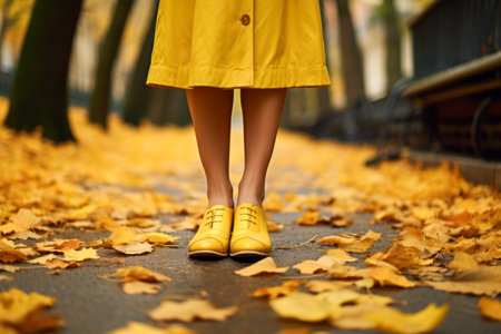 Elegant yellow leather shoes on a woman walking. Set against a charming European city street, with autumn leaves. Perfect for fashion and seasonal themesの素材