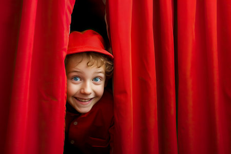 Young boy eagerly peeking through red stage curtains, excitement evident, awaiting his moment in the school theater play. Copy Spaceの素材