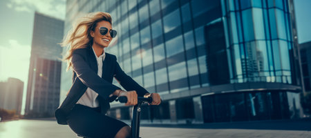 A smiling Caucasian businesswoman in sunglasses enjoying a ride on an electric scooter in the city, rapid progress, and swift profitability in the contemporary business arena. 21:9 aspect ratio. Copyの素材