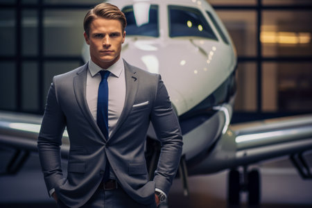 Handsome man in suit stands by a fancy plane. Represents successful life. Ideal for luxury and successの素材