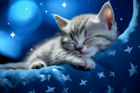 Adorable baby kitten slumbering on a cushiony cloud, with stars sprinkling the tranquil blue sky. Children book illustration.の素材