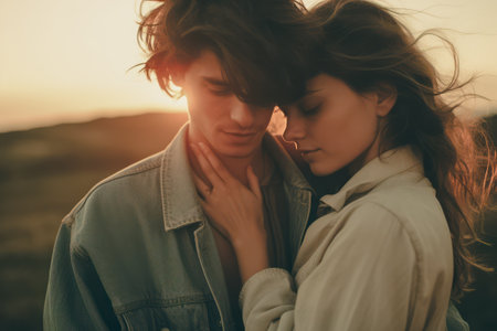 Young beautiful couple embraces during a serene sunset, capturing a moment of pure love and connection amidst a picturesque summer settingの素材