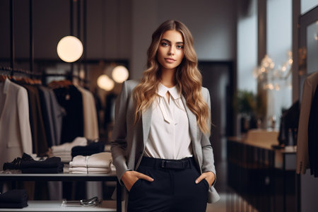 Young woman sales manager, elegantly dressed, confidently stands beside a fashion boutique in a contemporary shopping mall, showcasing modern retail fashion.の素材