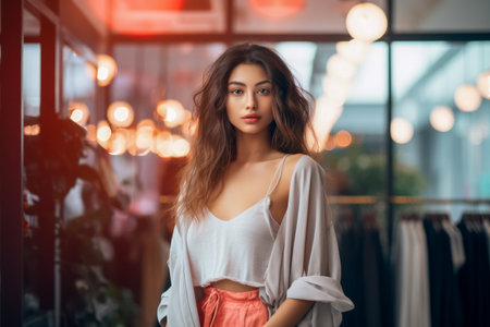 Young Asian young fashion woman beside a boutique storefront in a modern shopping mallの素材