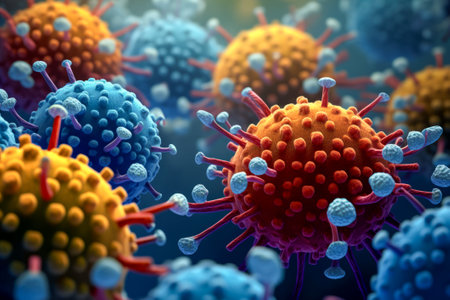 toxic bacteria and viruses, depicted as blue and orange entities against a blue background.の素材