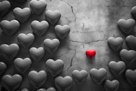 Vivid red heart stands out among numerous gray hearts, symbolizing unique love and exceptionality, perfect for a Valentine's cardの素材