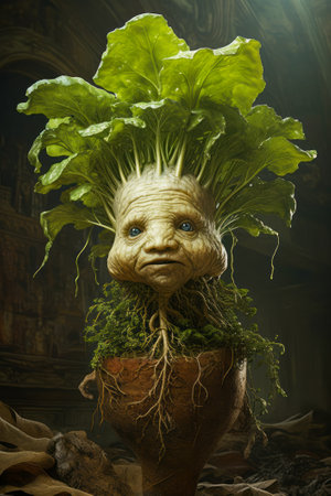 A whimsical illustration of a mandrake root character, uniquely personified, reflecting its magical and mythical attributes often cited in folklore and legendsの素材