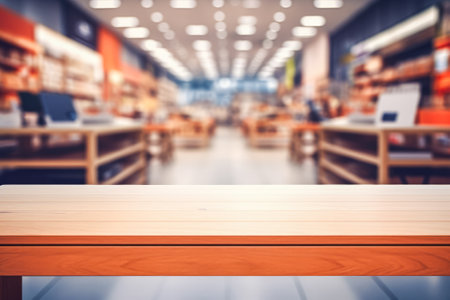 A wooden empty table set against the blurred backdrop of a sleek and contemporary consumer electronics store, accentuating a modern and futuristic vibe, ideal for product display or presentation in retail spacesの素材
