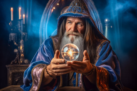 Elderly wizard magician astrologer gazes into a crystal ball, predicting the future amid a mystical, fairytale-like settingの素材