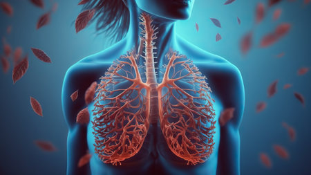 Realistic X-ray image showing detailed red human lungs situated in a female chest, set against a contrasting blue background.の素材