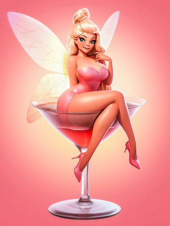 A drunk smiling sexy fairy in a pink dress with a neckline sits on a glass of cocktailの素材