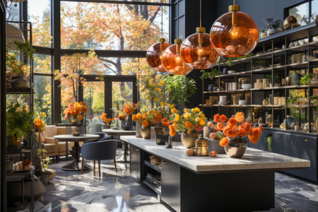 Modern, elegant flower shop with minimalist design, vibrant blooms, and sleek furnishings, bathed in natural light.の素材