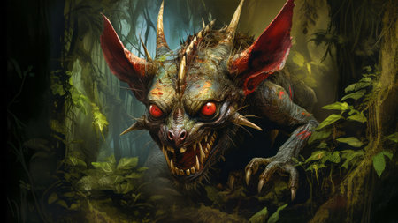 Scary chupacabra monster in the jungle forest going to suck blood from the livestock. Contemporary folklore public domain character.の素材