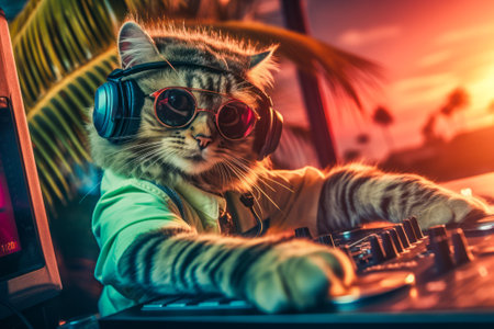 Happy cat DJ with sunglasses mixing music on a turntable console, set against palm trees backdrop.の素材
