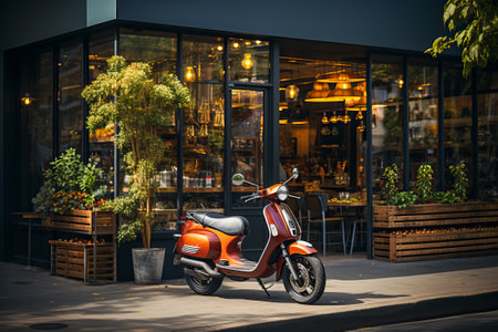 building with a large window facade showcasing a trendy coffee shop inside, electric delivery scooter parked outside.の素材